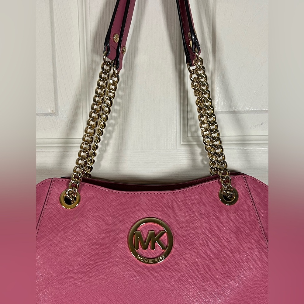 Michael Kors Pink Saffiano Leather Tote Gold Chain Shoulder Bag - Picture 6 of 16